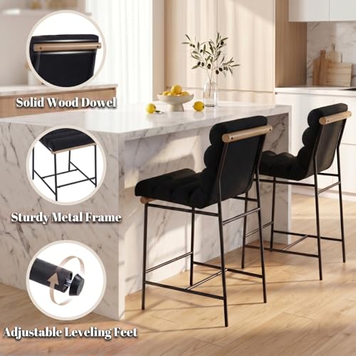 Butacos de barra, juego de 2 unidades, altura 25 pulgadas, tapizados en lino con asiento y respaldo acanalado, estilo moderno con patas metálicas, color negro miniatura 5