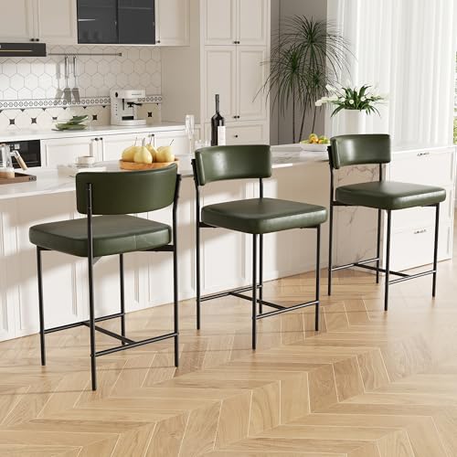 Image of Bar Stools Set of 3, Faux Leather Counter Height Barstools with Curved Back, 25 Inch Upholstered Bar Chairs, Modern Counter Stools for Kitchen lsland, Green