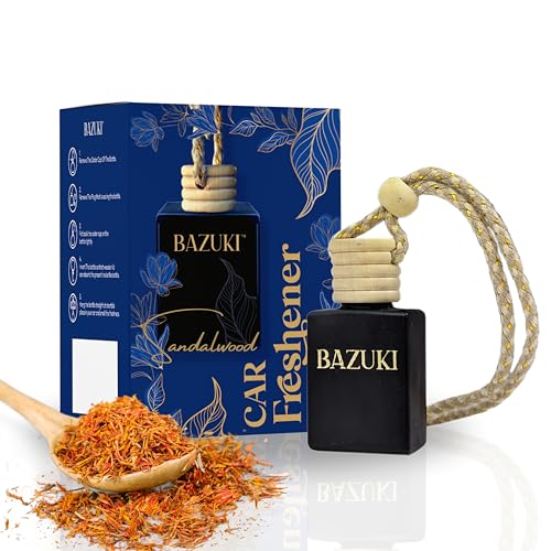Image of Bazuki Car Perfume Hanging Pod 10 ml | Sandalwood Car Air Freshener with Essential Oils | Black Glass Bottle & Wooden Lid | Long Lasting Fragrance up to 60 Days | Refillable & Leak-Proof Design
