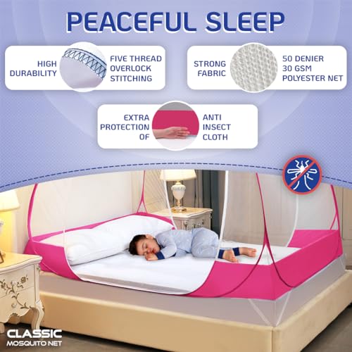 Image of Classic Mosquito Net Premium for King Size Bed | 30 GSM Polyester Fine Mesh | Foldable Pop Up Machardani for Double Bed | 360 Mosquito & Insect Protection | Washable & Reusable | Pink