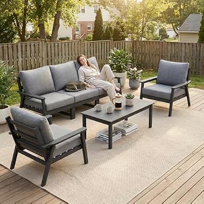 LOUNZY HDPE Patio Furinture Set, 6 Piece Sectional Sofa Outdoor Furniture Set, All Weather Outdoor Couch Set Patio Conversation Set for Deck, Lawn, Grey