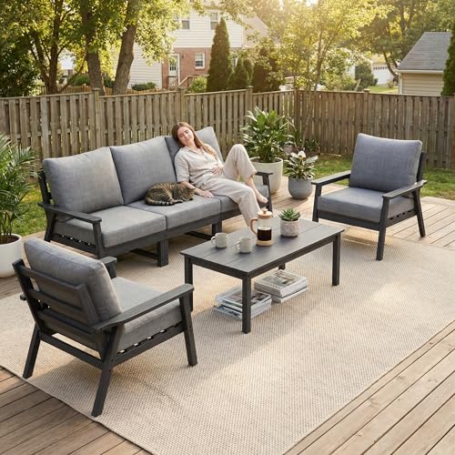 Image of LOUNZY HDPE Patio Furinture Set, 6 Piece Sectional Sofa Outdoor Furniture Set, All Weather Outdoor Couch Set Patio Conversation Set for Deck, Lawn, Grey