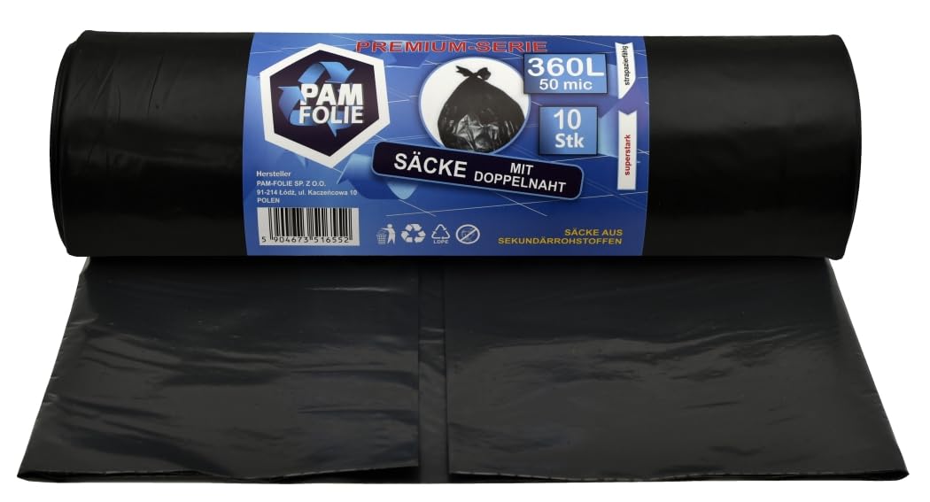 Pam-Folie Black, 360L/50Μm Bin Bags 360 L – Pack Of 10 – Large, Extra Strong, Thick Waste Bags, Premium – 120 X 150 Cm – 50 Μm – Black Rubbish Bags – Rubble Bags For Rubble Waste, Polystyrene