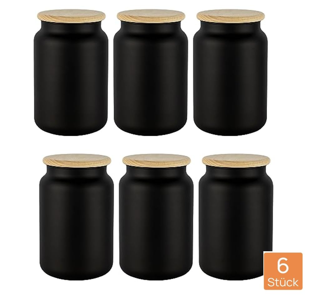 Trend For Home 6 schwarze Vorratsgläser mit Holzdeckeln Set aus luftdichten 970 ml Gläsern für Tee, Kaffee und andere Dinge Gewürzgläser, Eco Storage, Mattschwarz