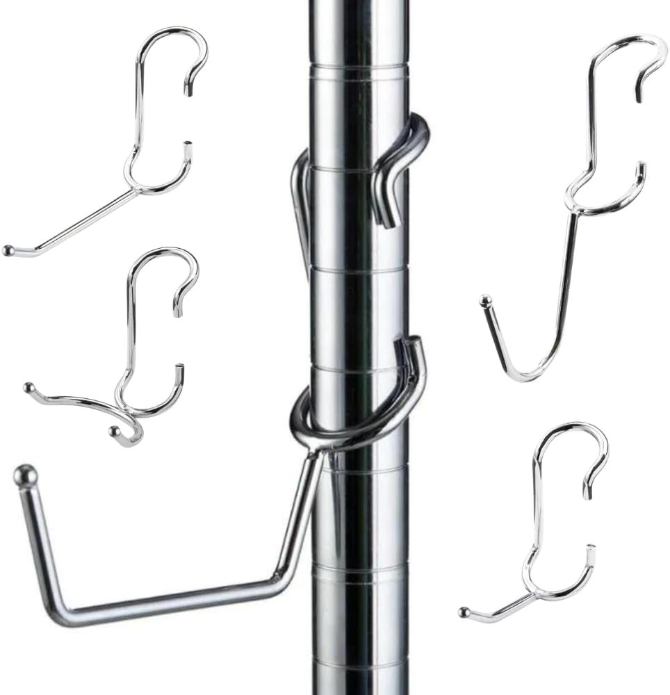 Shelf Pole Hooks 5-Pack | Chrome Variety Pack for Hanging | Snap-On Hooks for 1 Inch Poles | Wire & Metal Shelving Hooks for Kitchen, Garage & Home Organization