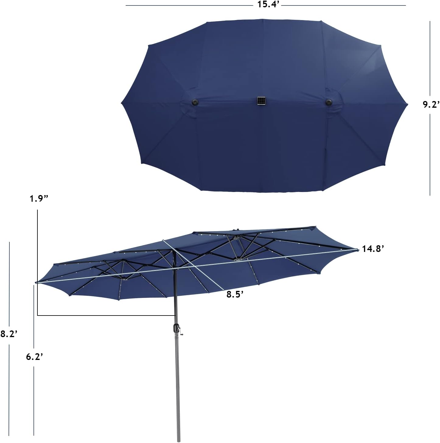 Giantex 15 FT Double Patio Umbrellas with 48 Solar LED Lights, Auto-Charging Panel, Crank System, Outdoor Extra-Large Rectangle Market Table Umbrella for Garden Deck Backyard Beach Pool
