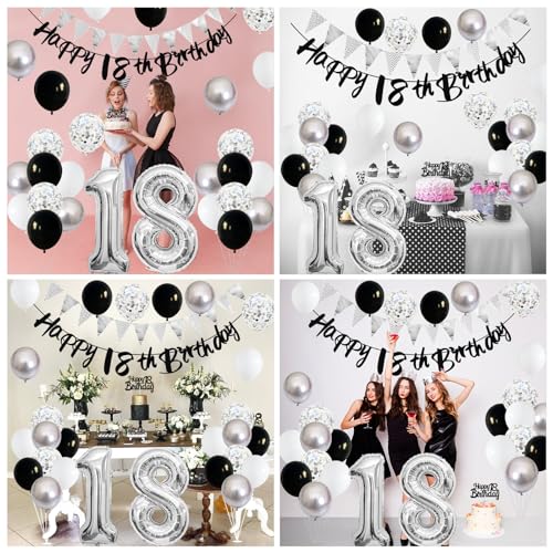 Image of 18th Birthday Decorations for Boys, Black Happy 18th Birthday Banner with Black Silver 18th Balloons 18 Cake Topper Decor Number 18 Balloon for Girls 18 Year Old Party Decoration