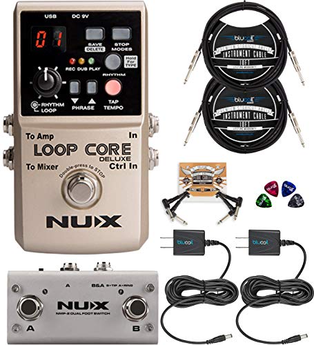 NUX Loop Core Deluxe Looper Pedal Bundle with NUX NMP-2 Dual Footswitch, Blucoil