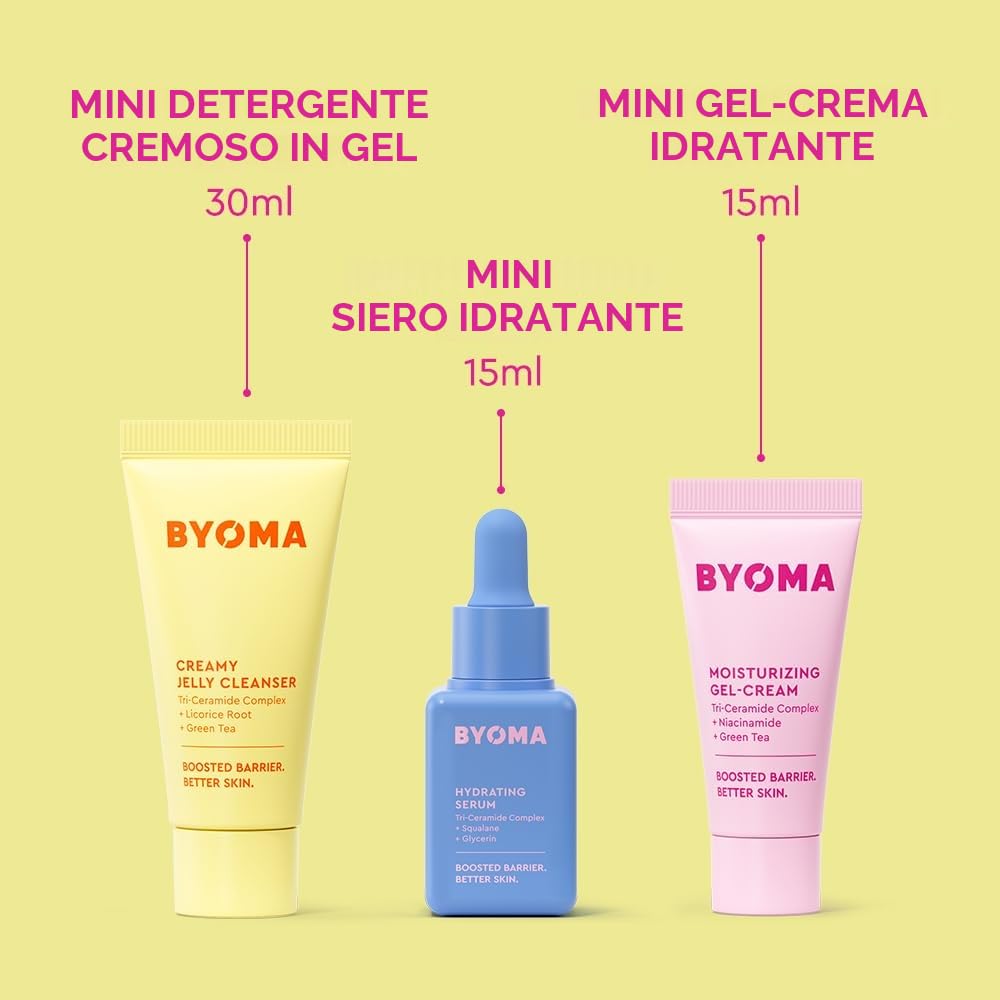 BYOMA So Hydrated Set – Barrier Repair Skincare Set (30 ml, 15 ml, 15 ml) cremoso gelatina detergente, siero idratante viso e crema idratante viso in ceramide per pelle secca, anti rughe, senza alcool
