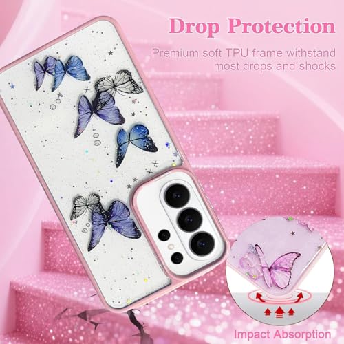 Image of VONZEE for Samsung Galaxy S26 Ultra Clear Glitter Butterfly Case, Cute Bling Sparkle Shiny Soft Silicone TPU Bumper Shockproof Women Girls Slim Protective Phone Cover, Pink
