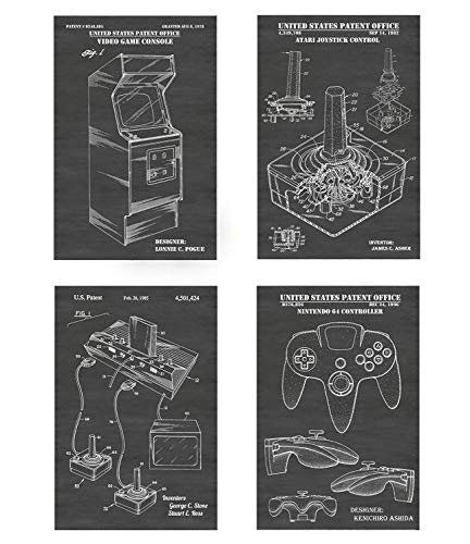Classic Video Gaming and Video Recreation Programs Wall Decor Assortment: Set of 4 Patent Print Artwork Posters: Select From A number of Dimension and Background Shade Choices