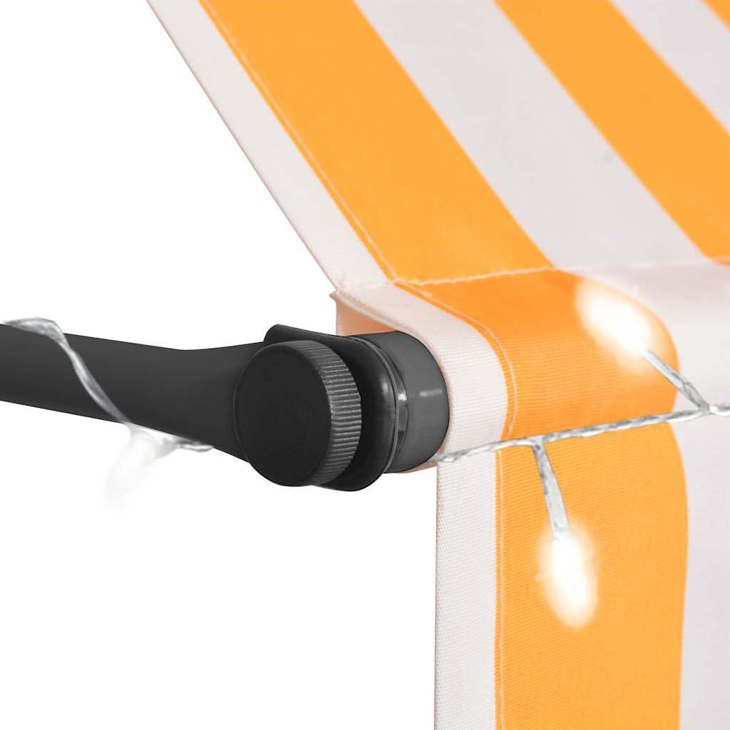 Tenda da sole manuale con illuminazione a LED, 150 cm, colore bianco e arancione, per terrazze, balconi e giardini, resistente ai raggi UV e all'acqua, con luci solari, telaio in acciaio