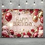 Red and Gold Happy Birthday Backdrop Banner Elegant Roses Balloons Photography Background Birthday Party Decorations Photo Booth Props Supplies 71x43 Inch - Image 2