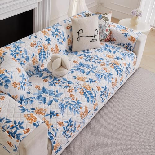 Image of HOMETHREADS Premium Style Anti Slip Sofa Cover Set | Cotton Sofa Slipcover | 1Pc Front Cover with Attached Armrest + 1Pc Back Cover (Leave Blue Flower, 1 Seater | 63x185cm)