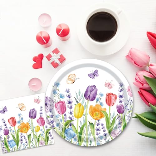 40 Pieces Spring Tulip Floral Party Tableware Set – Disposable 9 Inch... - Image 2