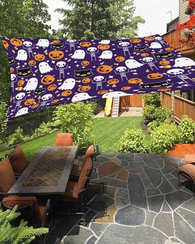 Boanket Sun Shade Sail 6.5' x 10', Halloween UV Block Sun Sails Shades, Orange Pumpkin White Ghost Skeleton Purple Shade Cloth for Patio Deck Terrace Garden Lawns Beach Backyard