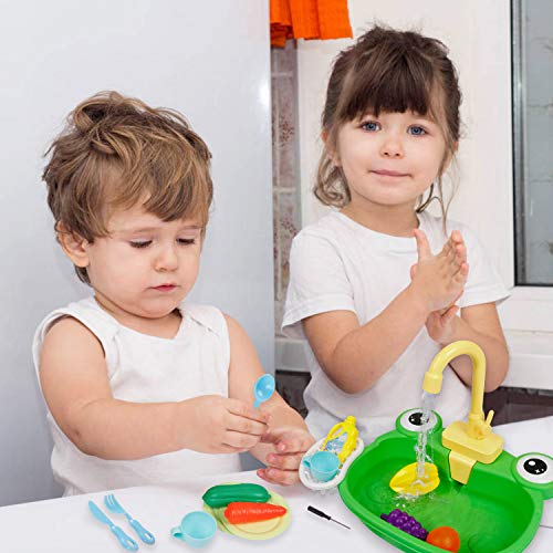 Ruibytree Play Kitchen Sink Toy, Water Toys for Kids with Electronic Dishwasher, Pretend Play Utensils Accessories and Play Cutting Food for Boys and Girls (Cute Frog) - Thumbnail 7