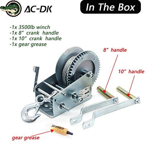 AC-DK 3500lb Hand Crank Winch with 26ft Steel Cable,Heavy Duty Boat Trailer Winch with Safety Pawl, 4.1:8.1 Gear Crank Winch, Quality Trailer Towing Winch with 2 Handles for ATV SUV UTV Winch