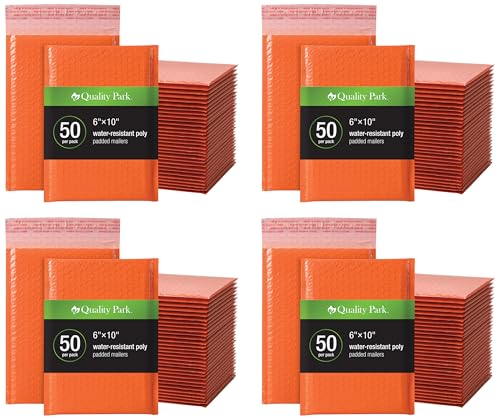 Image of Quality Park Bubble Mailers, 6 x 9 Shipping Envelopes, Water Resistant Orange Poly Padded Envelopes, Redi-Strip Peel Off Closure, 50 /Box (QUA85863) (Pack of 4)