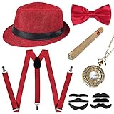Sinoeem 1920s Herren Accessoires Inklusive Panama Gangster Hut Verstellbar Elastisch Hosenträger Herren Halsschleife Fliege Taschenuhr und Plastik Zigarre (Rot)