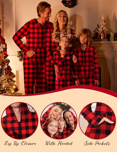 Ekouaer Christmas Matching Family Onesie Pajamas Hoodie One Piece Pajamas Zipper Thermal Sleepwear with Pockets Family Christmas Buffalo Plaid Print M2