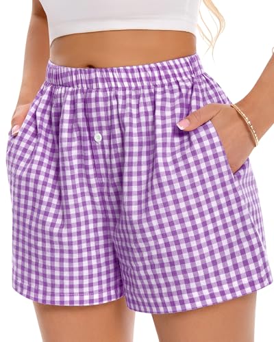 Image of Women Boxer Shorts Summer Gingham Pj Casual Plaid Bottoms with Pocket