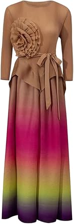 Vsadsau Women Gradient Color Pleated Dress Flower Decoration Gathered Waist Long Maxi Dresses with Belt