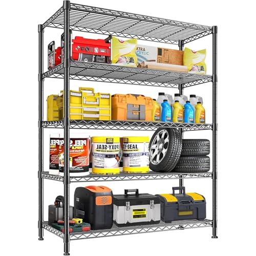 Uptyia Estantería Metálica de 5 Niveles, Negro, 115x45x180cm, Capacidad 500kg, Estantes Ajustables Sin Tornillos, para Garaje, Hogar, Trastero, Almacenaje Resistente (115 x 45 x 180cm)