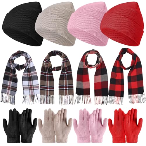 Image of JaGely Kids Winter Hat Gloves Scarf Set Plaid Scarves Knit Beanie for 5-10 Boys Girls Homeless Gift Cold Weather