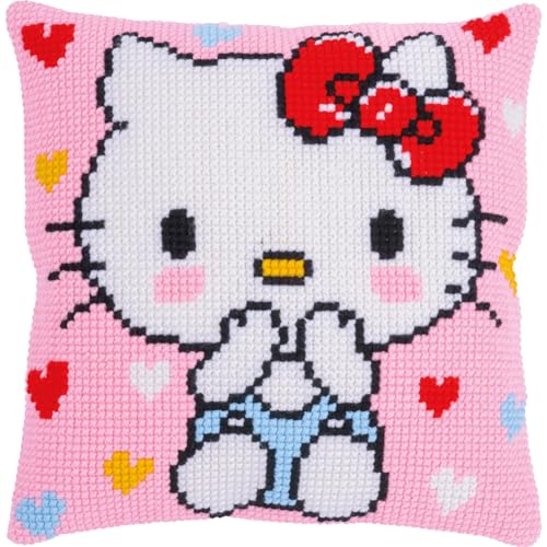 VERVACO Kreuzstich Stickpackungen Kissen Stickerei Set Anfänger Vorgedruckt Hello Kitty Kiss Kiss DIY Set Kreativ Set Für Erwachseneca. 40 x 40 cm Bastelset Handwerker Haus Dekoration