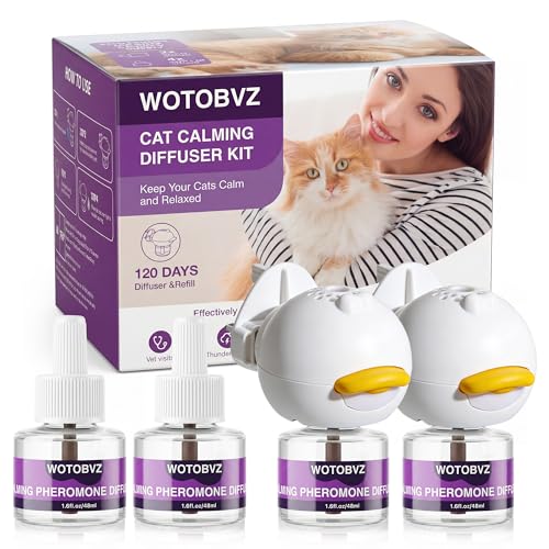 WOTOBVZ Cat Calming Plug-in 6-in-1 Cat Calming Diffuser Pheromone Relaxants & Anxiety Relief Equipped with 2 Diffusers + 4 Refills (48ml) 120 Day Long Lasting Refill.