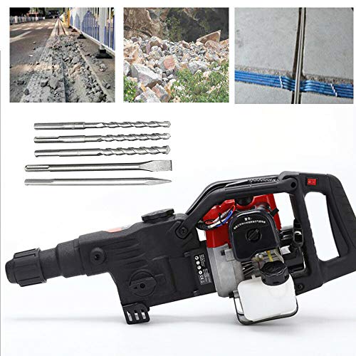 Benzin Hochleistungs Betonbrecher, 1800W Abbruchhammer mit 3 Stück Bohrer/1 Stück Spitzmeißel/1 Stück Flachmeißel, 2-Takt 32.7CC Benzin Schlaghammer Stemmhammer Lochbohrer
