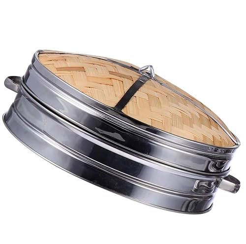 Luminexia Stainless Steel Food Steamer 2 Tiers Bamboo Steamer Basket Chinese Natural Rice Cooking Food Cooker With Lid Bamboo Cooker For Sim Sum Dumplings,Vegetables,Rice,Meat,Fish