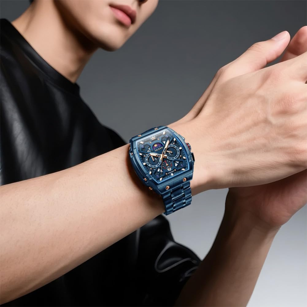 OLEVS Watches for Men Analog Quartz Luxury Diamond Waterproof Chronograph Stainless Steel Big Face Square Date Moon Phase Roman Numeral Dress Watch for Men - Image 7