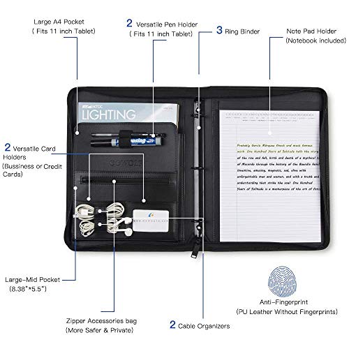 Oowolf Padfolio Portfolio Folder, Pu Leather Professional With Round Ring Binder 8.5 X 11 Inch Writing Pad Tablet Sleeve Interview Resume Document Organizer Business Card Holder Zippered Closure #TOP2