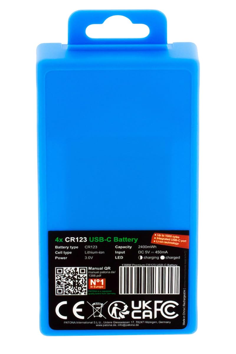 PATONA 4X CR123A Akku 3V wiederaufladbar – Lithium-Akku mit USB-C-Ladefunktion – inkl. 1-zu-2 USB-C-Kabel – für Kamera, Taschenlampe und Mikrofon