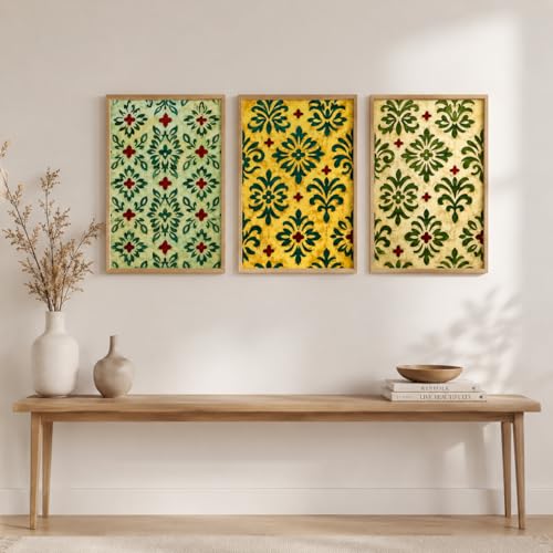 Image of Livin'luxe Set of 3 Green Floral Pattern Wall Paintings for Living Room Bedroom Hallway Home Decor with Premium Wooden Color Synthetic Frame (25.5 x 19.5 Inch) NM03-77