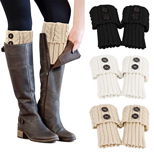 PHOGARY 3 Pairs Winter Warm Boot Cuffs for Women, Crochet Knitted Boot Socks for Girls Short Leg Warmers Boot Topper Socks Leg Cuffs Boot Warmers Gift (Black+ Beige+White)