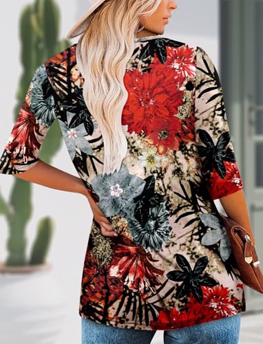 KISSMODA Tunic Tops for Women Loose Fit Dressy Round Neck Pleated 3/4 Length Sleeve Spring Tops