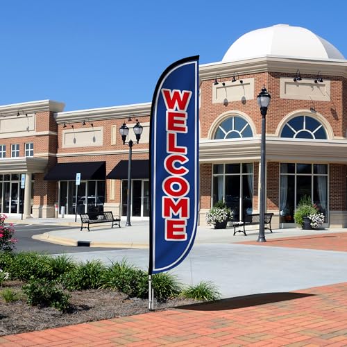 Image of LookOurWay Feather Flag Set, 12 ft Advertising Flag with Fiberglass Poles and Ground Spike for Business Promotion, Welcome (Blue)