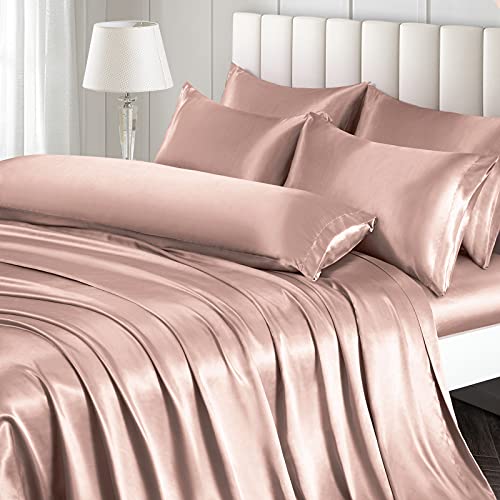 Image of Ersmak 7 Pieces Satin Sheets Set Queen Size, Luxury Silky Champagne Satin Bed Sheets Set with 1 Deep Pocket Fitted Sheet, 1 Soft Flat Sheet, 4 Queen Pillowcases and 1 Body Pillowcase