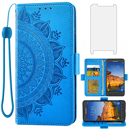 Asuwish Compatible with Samsung Galaxy S7 Active Wallet Case Tempered Glass Screen Protector Card Holder Flip Wrist Strap Cell Phone Cover for Glaxay S7Active Gaxaly S 7 7Active 7s Galaxies G891A Blue