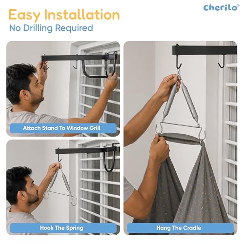 Image of Cherilo Baby Swing Cradle(Jhula) with Mosquito Net, Spring Hanger & Metal Window Cradle Stand - Grey Leaf - Full Set