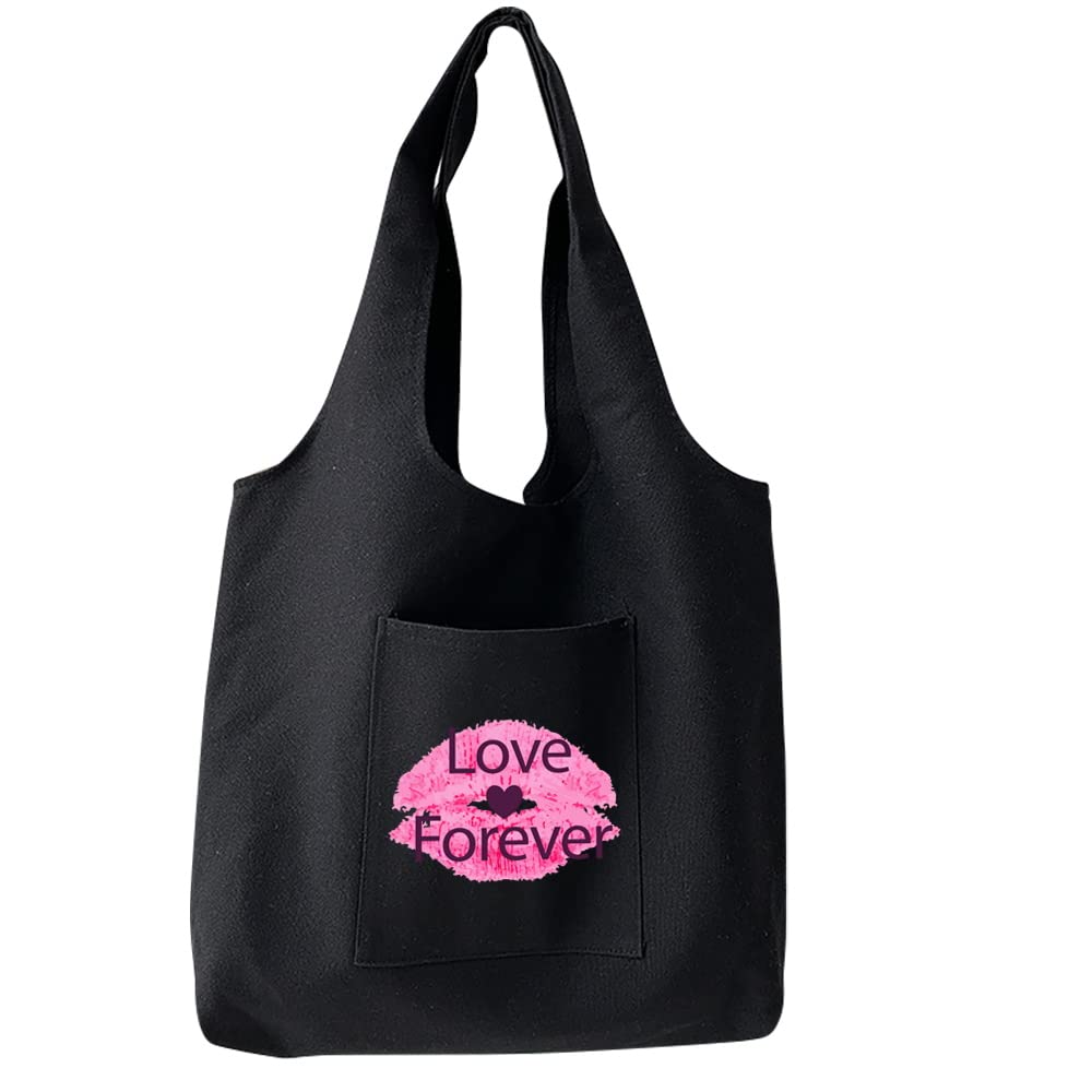 FINDING CASE Reusable Heavy Duty Shopping Medium Tote Bag 100% Cotton Canvas with Strong Matching Handles,Shopping Bags Large Capacity Canvas Tote Bags with Inner Pocket (Lip Forever)