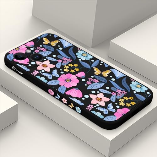 Coque iPhone 15 antichoc motif floral noir fleur de 6,1 pouces avec microfibre