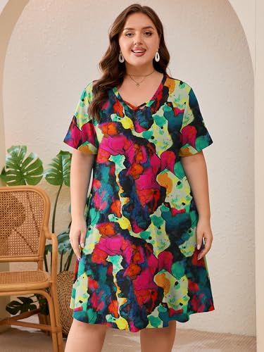 Image of AusLook Plus Size Midi Dress for Women Short Sleeve V Neck Criss Cross A Line Summer Casual Vacation Sundresses with Pockets