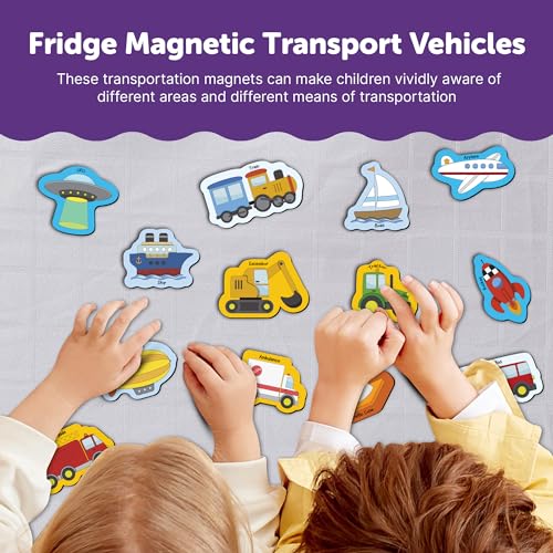 Image of Mini Leaves 26 Pieces Transport Full Magnetic Fridge Magnets for Kids- Car, Bus, Boat, UFO with Traffic Sign Board for whiteboard - Educational Toy for Kids
