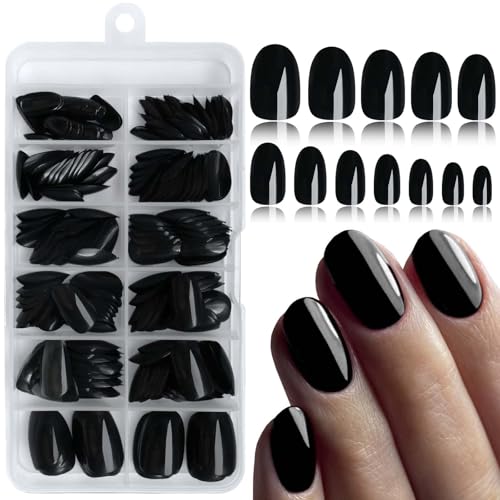 LoveOurHome 240pc Short Oval Press on Nails Black Fake Nails,
