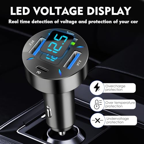 2 PCS 4 Puertos Cargador Mechero USB Carga Rapida, 66W Super y PD, con Voltímetro Led, Cargador Rápido Compatible con Múltiples Dispositivos y Todos Los Teléfonos Inteligentes - imagen 4