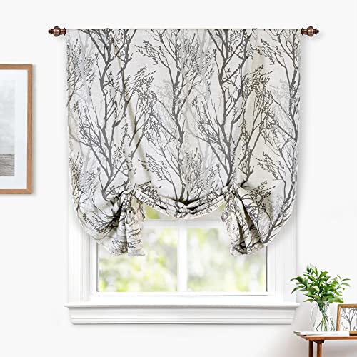 Driftaway Tree Branch Linen Blend Blackout Tie Up Curtain For Kitchen Abstract Botanical Thermal Insulated Linen Curtains Tie Up Shade For Bedroom Adjustable Balloon Rod Pocket 45 Inch By 63 Inch Gray #TOP18